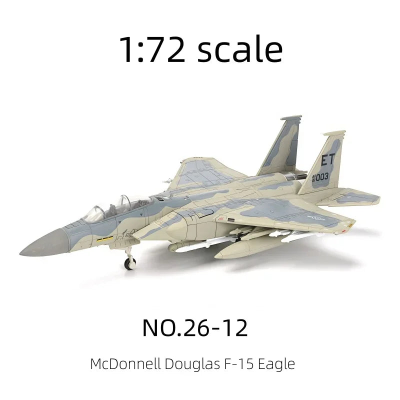 A model of the McDonnell Douglas F-15 Eagle fighter jet in a light gray camouflage scheme, shown from the side.
