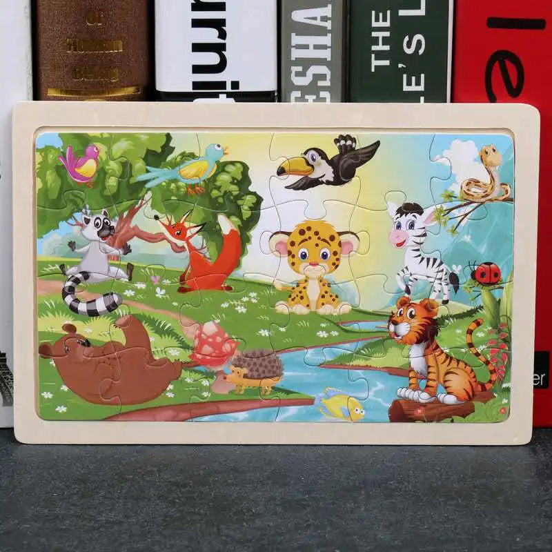 A colorful 24-piece wooden animal jigsaw puzzle featuring various woodland creatures like a tiger, deer, birds, and other ani