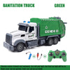 A green sanitation truck model is shown with a white cab and remote control accessories.