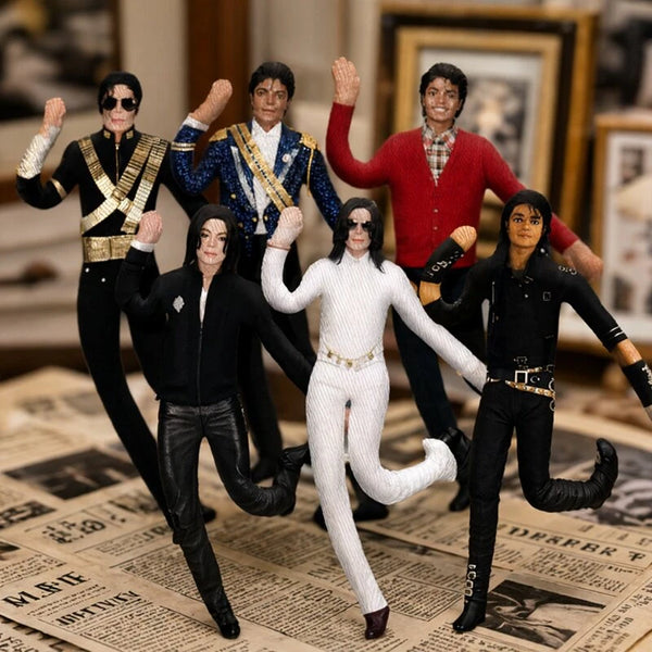 Un grupo de siete figuras vestidas con diferentes estilos y colores posando en una impresión de periódico.