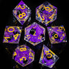 A collection of nine purple resin dice set for tabletop role-playing games displayed on a dark surface.