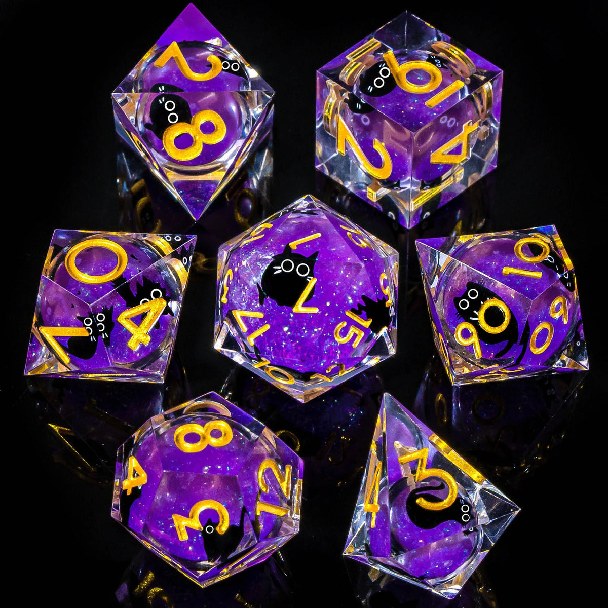 A collection of nine purple resin dice set for tabletop role-playing games displayed on a dark surface.