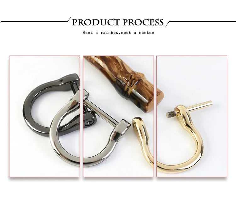 Three stages of product process showing the creation of bamboo-style bag handles for DIY projects.