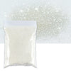 A clear plastic bag filled with fine holographic glitter powder against a sparkling white background.