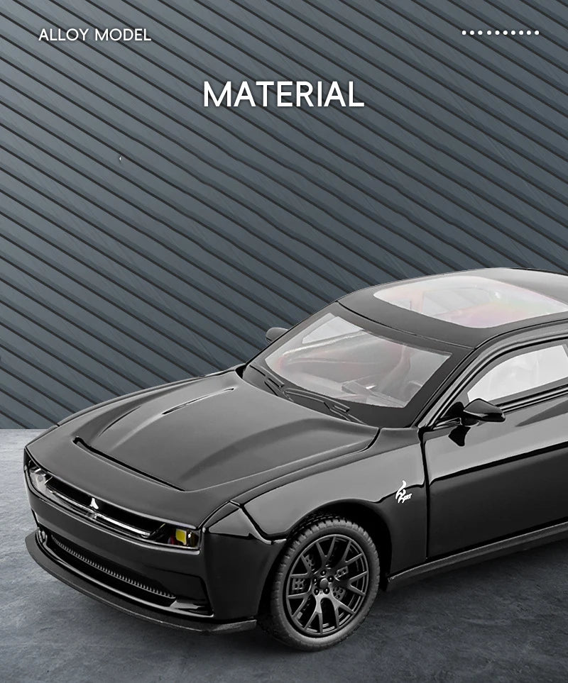 A black Dodge Challenger SRT Hellcat diecast model car is shown in a studio setting.