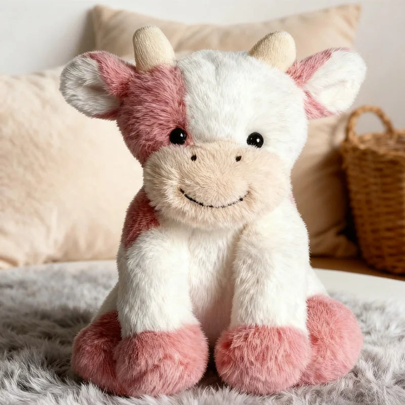 A white and pink plush toy of a sitting cow with soft fur lying on a gray surface.