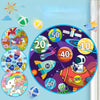 A colorful dart board game set featuring various colored balls and a rocket-themed target.