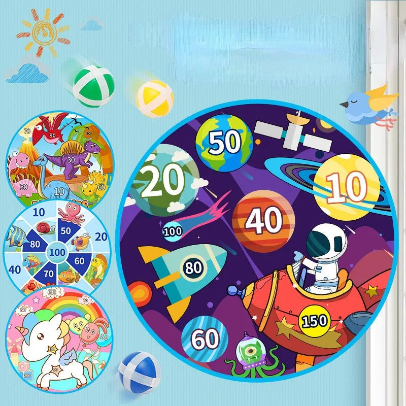 A colorful dart board game set featuring various colored balls and a rocket-themed target.