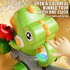A green bubble toy is shown being used to create bubbles and a cool light effect.