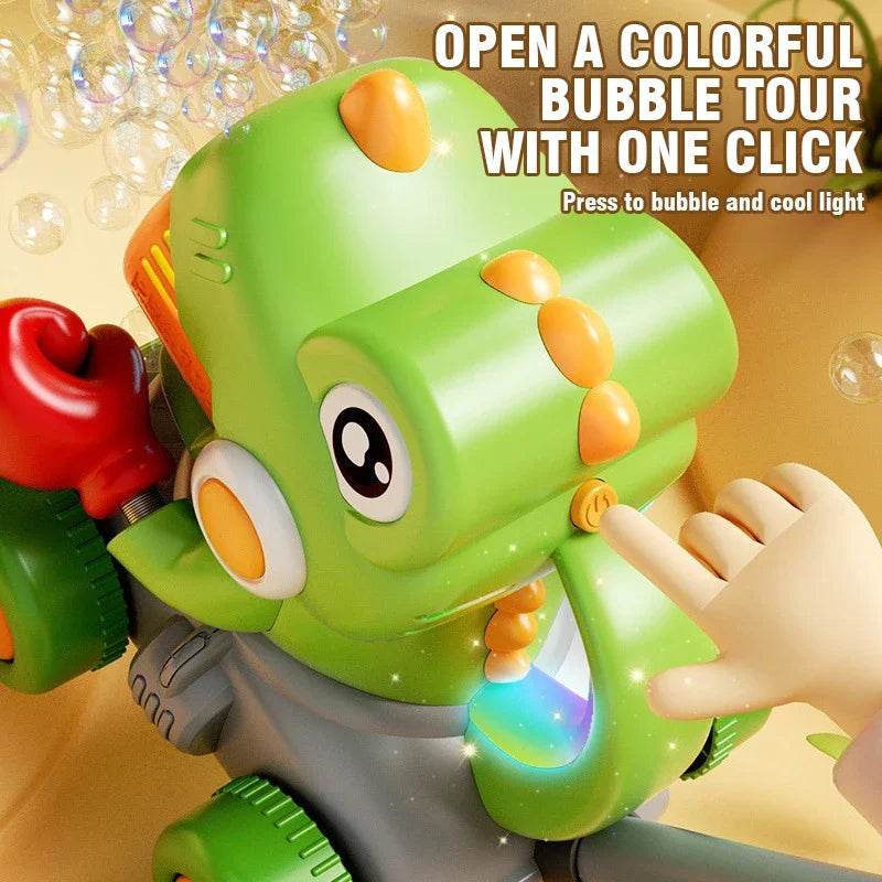 A green bubble toy is shown being used to create bubbles and a cool light effect.
