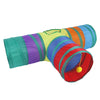 A colorful foldable S-shaped cat tunnel with various colored fabric tubes and a hanging yellow ball toy.
