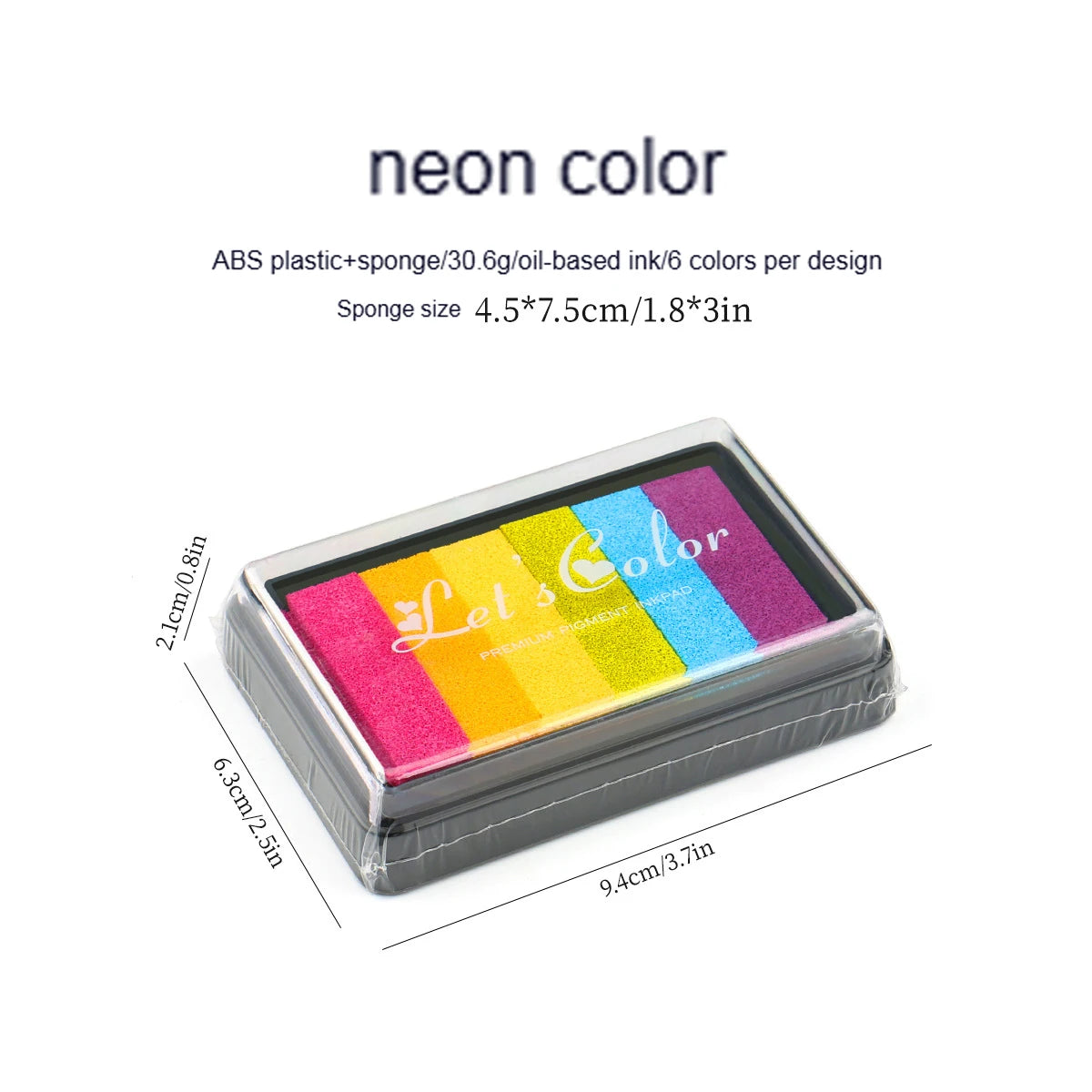 A clear plastic box containing six rectangular neon color ink sponges for crafting and stamping.