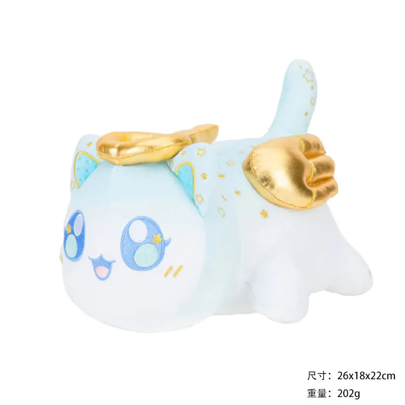 A white and light blue plush cat doll with gold food accessories, resembling a cuddly sleeping pillow.
