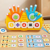 A yellow Montessori finger counting math toy with colored fingers and numbers on a wooden surface.