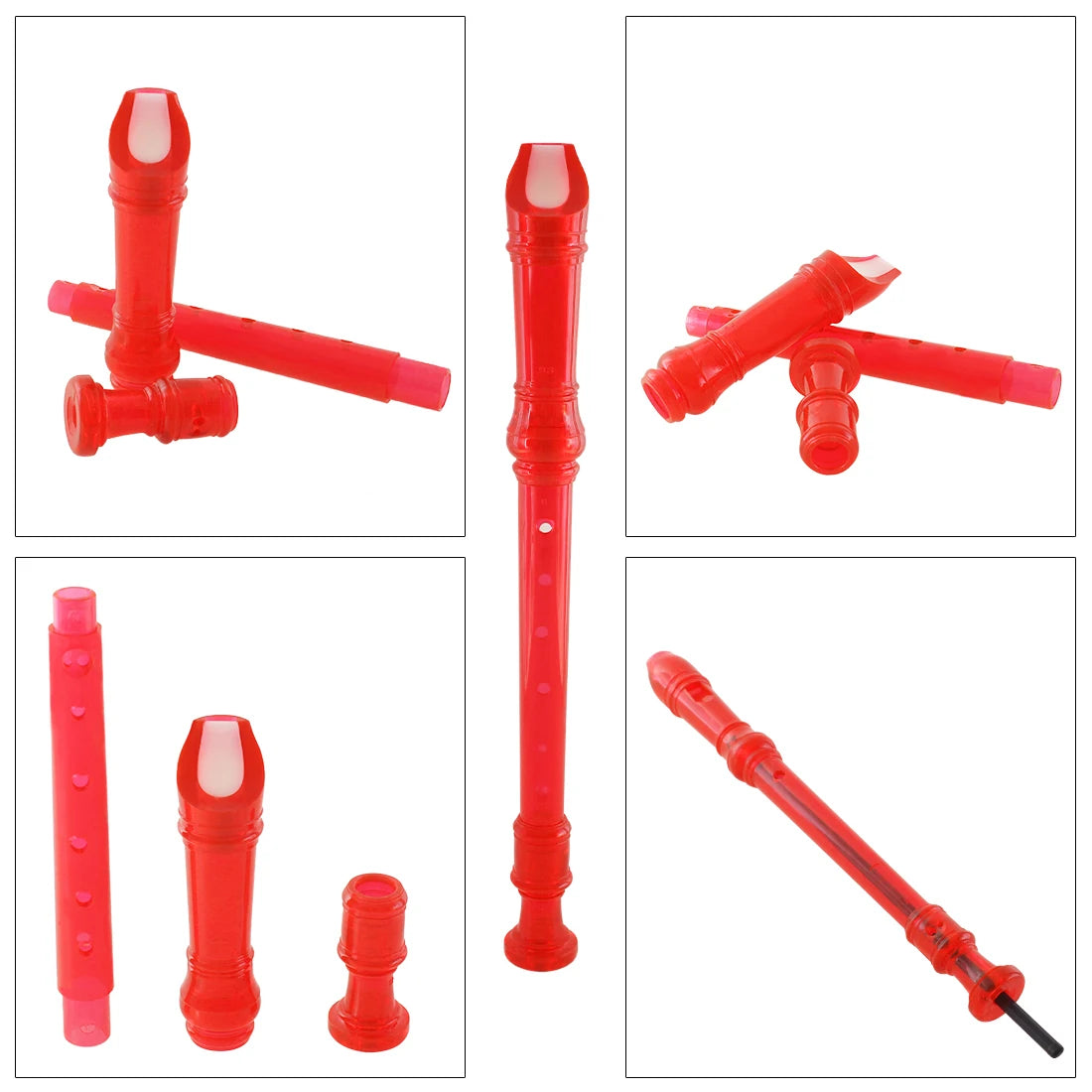 Red 8-hole soprano recorder with a cleaning rod shown in various angles