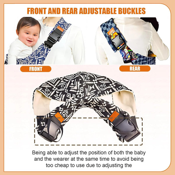 Front and rear adjustable buckles for a portable baby sling carrier, showing how to adjust the position of the baby and weare