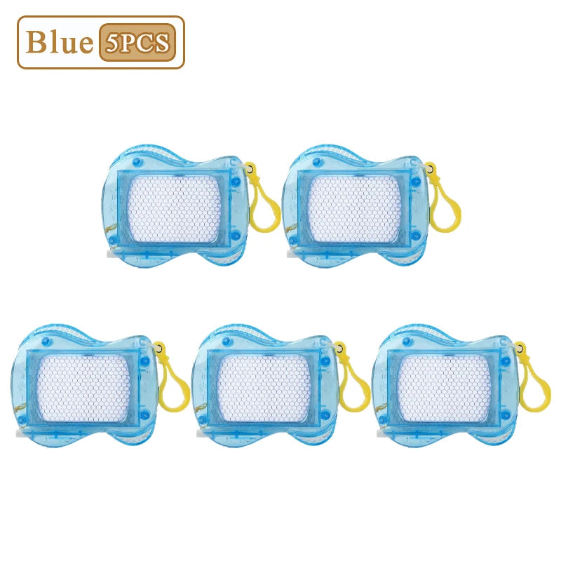 Five blue mini magnetic drawing board keychains with white grid surfaces and yellow strings