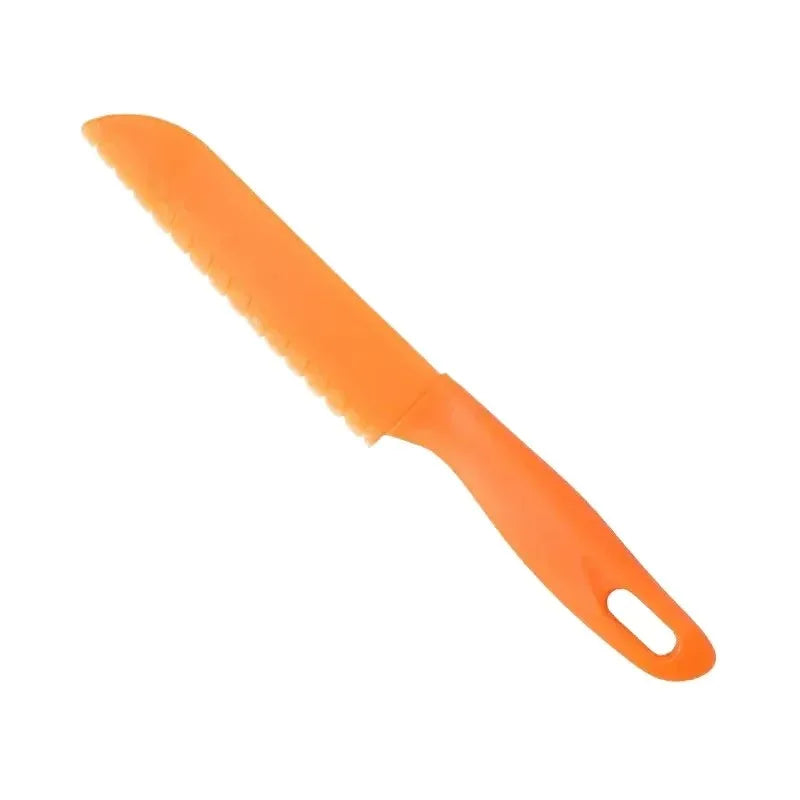 An orange kid-friendly safety knife with a bright orange silicone blade and handle.