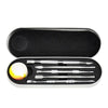 A stainless steel wax carving tool set with silicone container and travel case displayed in an open black box.