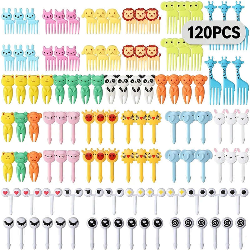 A large collection of colorful kawaii mini fruit forks and various shaped plastic forks for kids