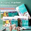 A set of acrylic markers in various colors is displayed with paint brushes and art supplies on a green background.