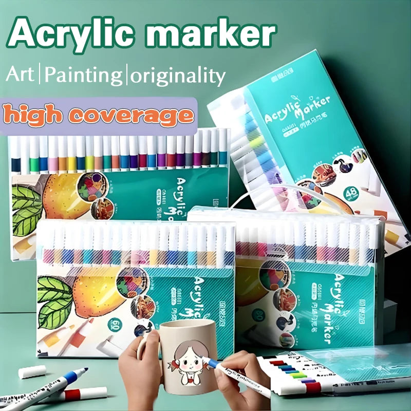 A set of acrylic markers in various colors is displayed with paint brushes and art supplies on a green background.
