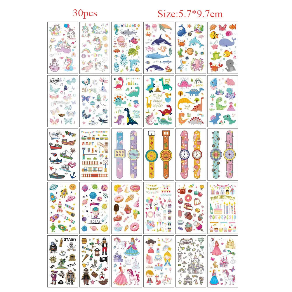 A grid display of 30 pieces of colorful temporary tattoos featuring various designs for kids and adults.