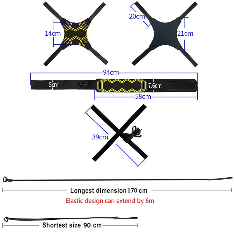 Adjustable solo kick training belt with various dimensions and components for sports training.