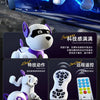 White interactive smart robot dog with purple accents shown alongside its remote control and packaging.