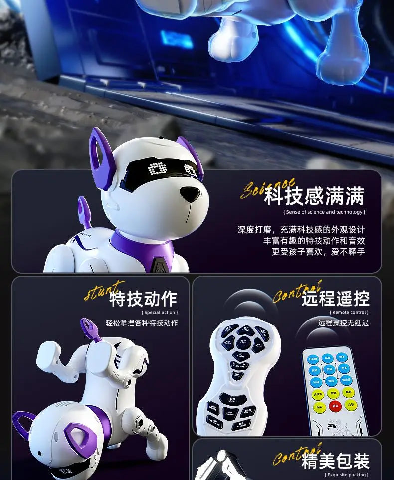 White interactive smart robot dog with purple accents shown alongside its remote control and packaging.