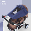 A blue universal baby stroller sun shade canopy is shown in a light purple background.