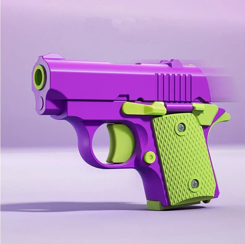 A purple and lime green fidget pistol toy with a burst slide action mechanism.