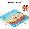 A wooden jigsaw puzzle depicting a pirate ship with figures and palm trees.
