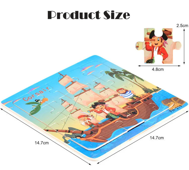 A wooden jigsaw puzzle depicting a pirate ship with figures and palm trees.