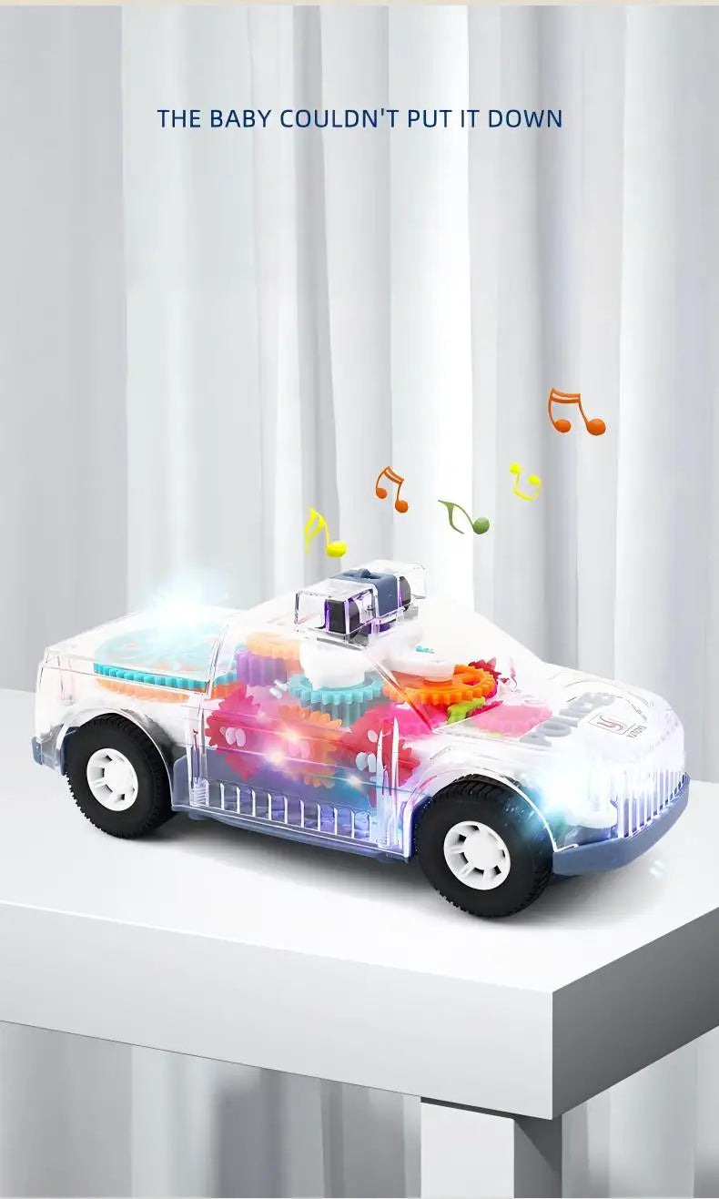 A transparent gear car with lights and music is shown, illustrating the concept of a baby not being able to put it down.