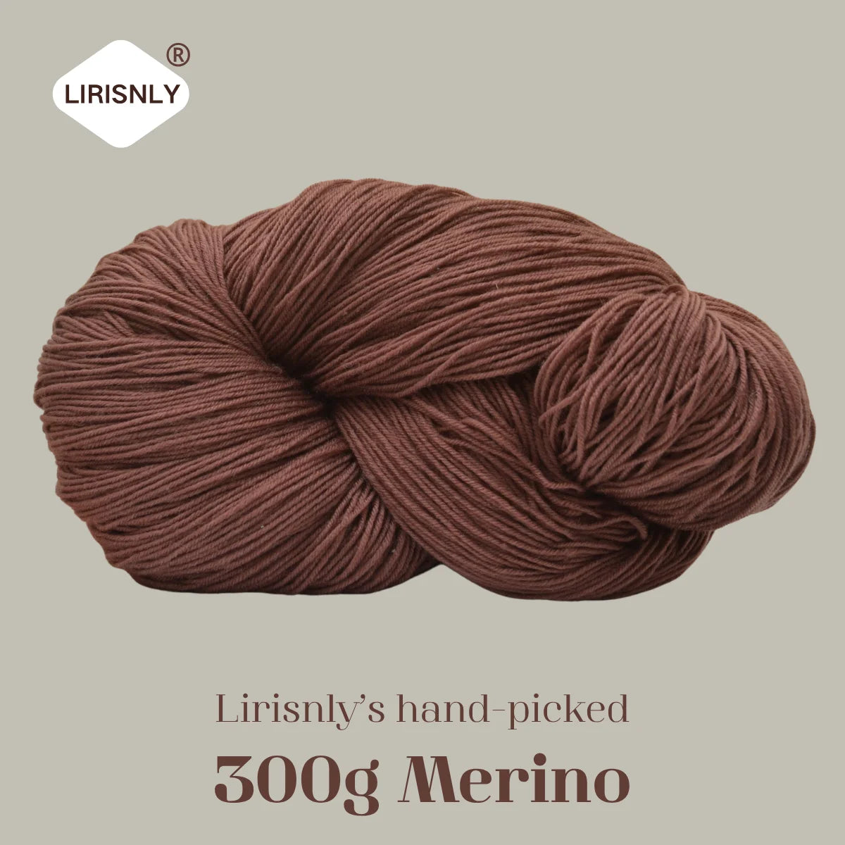A ball of dark brown Merino wool yarn, hand-picked by Lirisnly, shown against a neutral background.