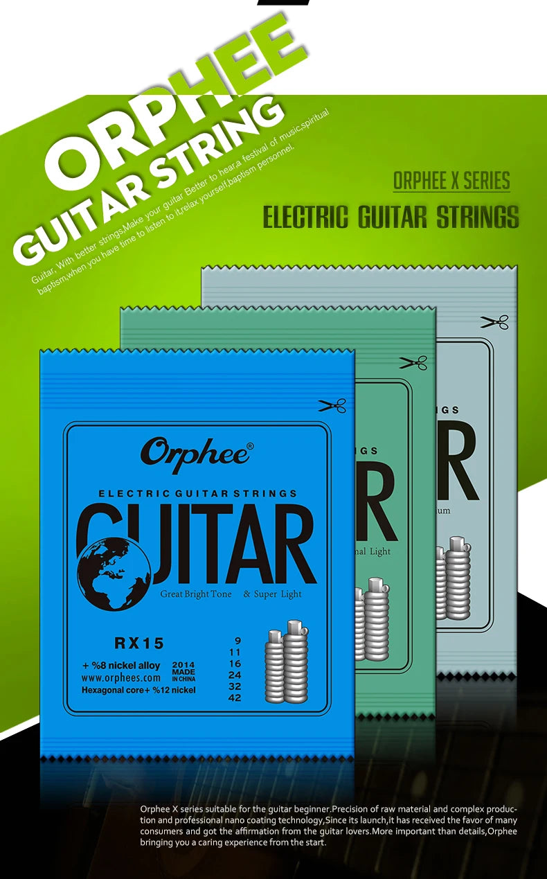 Orphee RX Series electric guitar strings packaged in blue and green boxes.