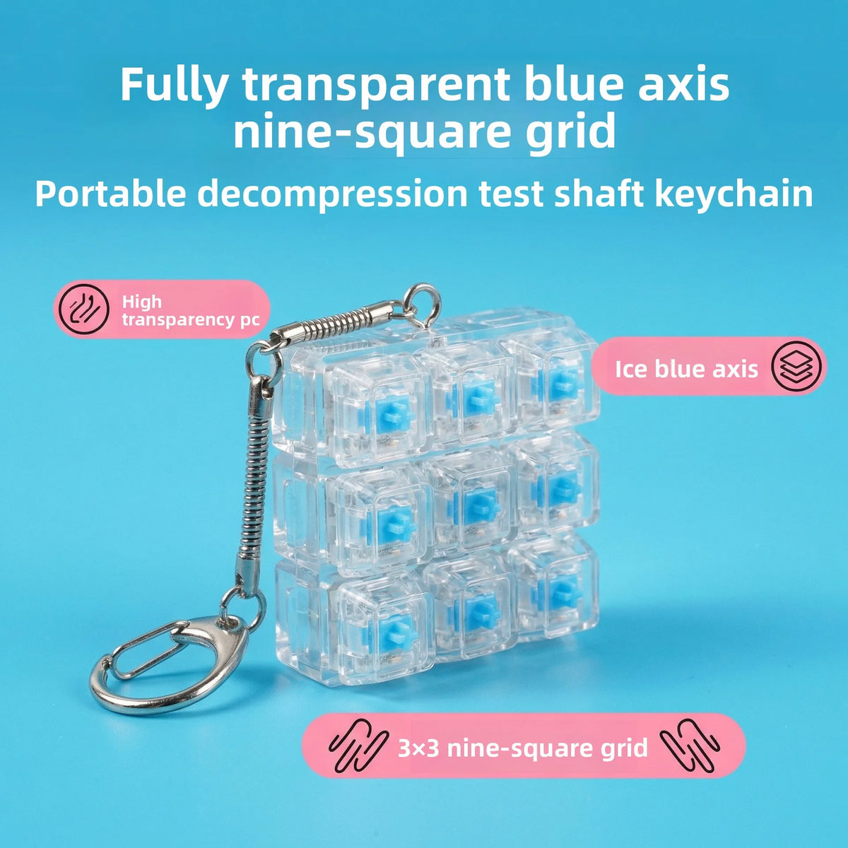 A portable decompression test shaft keychain featuring a fully transparent blue axis nine-square grid.