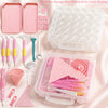 A pink diamond painting organizer kit featuring dotting pens, trays, and various tools displayed in clear plastic storage box