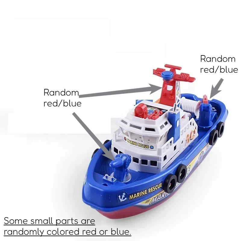 A blue and white marine rescue boat toy with random red or blue parts, featuring lights, music, and water spraying capabiliti