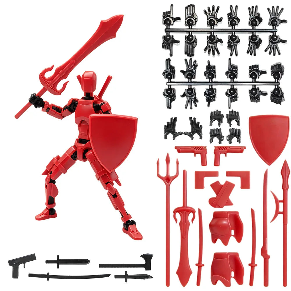 A red action figure and various magnetic parts for building and display.