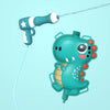 A teal dinosaur-shaped water gun and hose are shown against a light blue background.