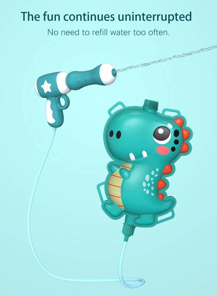 A teal dinosaur-shaped water gun and hose are shown against a light blue background.