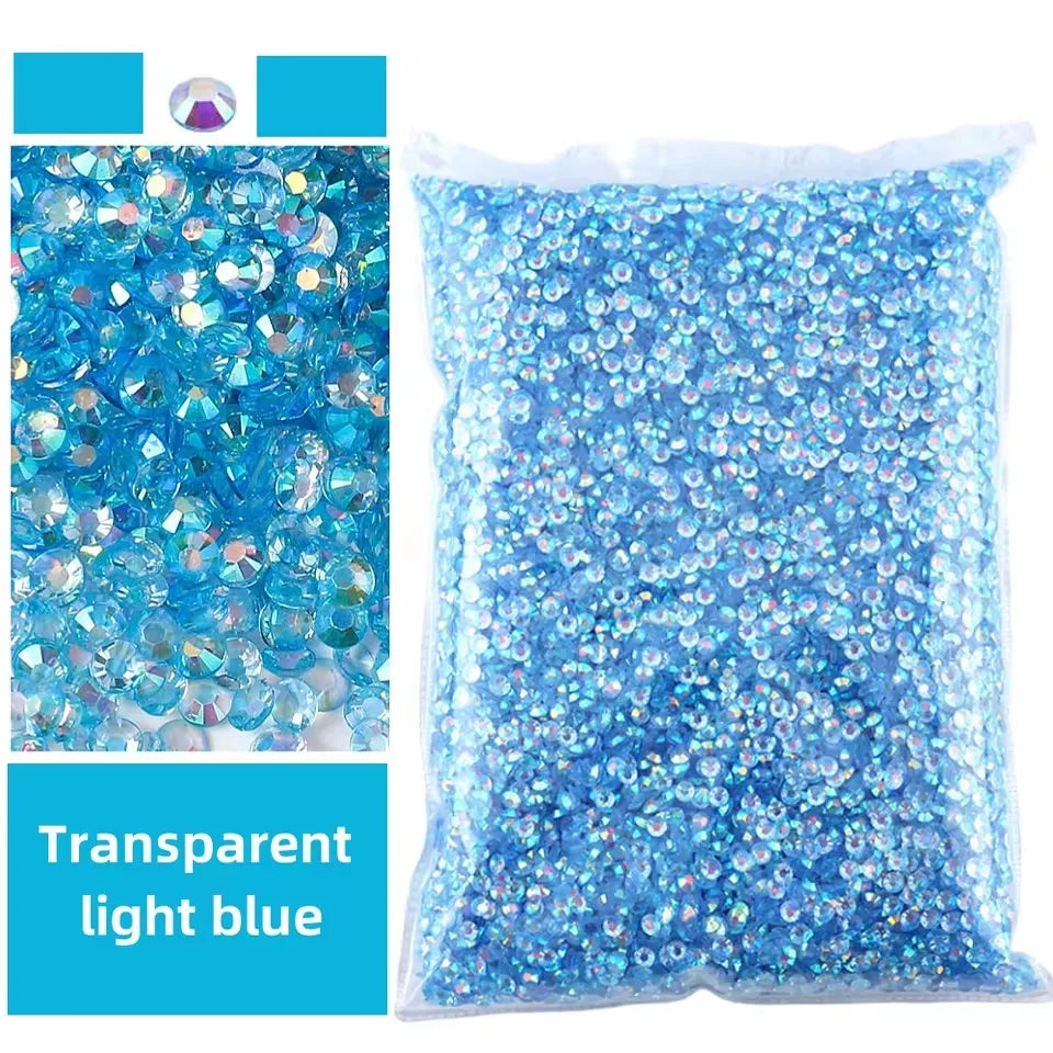 Bag of transparent light blue AB-coated flat back resin rhinestones for crafts and DIY projects