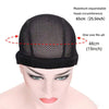Black stretchable mesh wig cap shown on a mannequin head with measurements displayed.