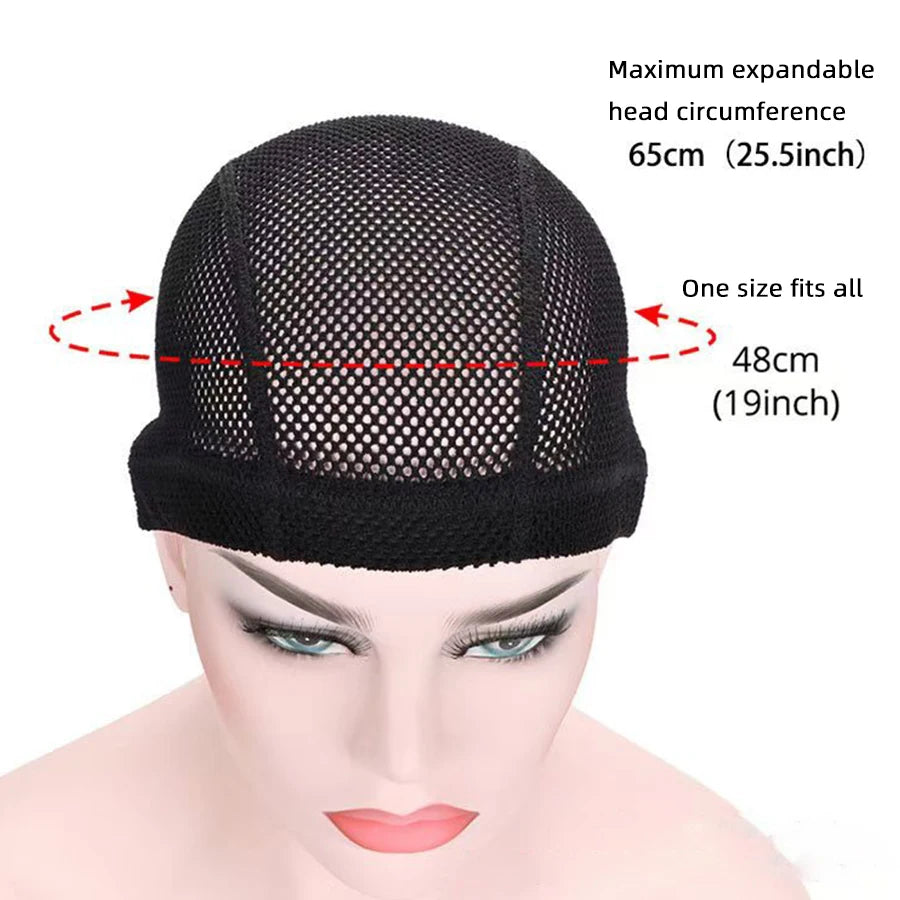 Black stretchable mesh wig cap shown on a mannequin head with measurements displayed.
