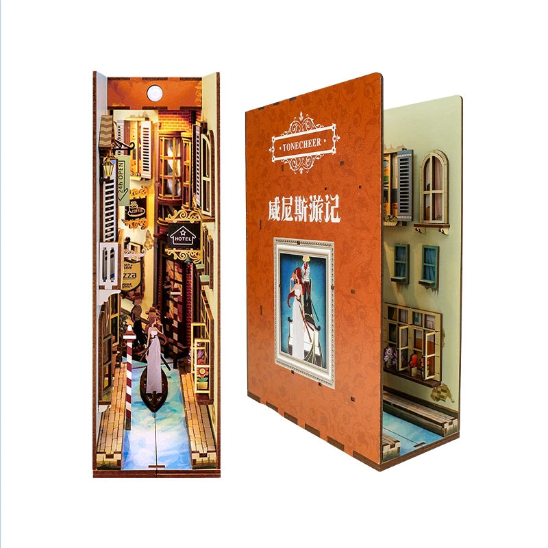 A DIY book nook kit featuring a detailed miniature scene with LED lighting and a dust cover.