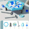 A blue and white ice tapping game featuring a penguin piece and various hexagonal and rectangular components.