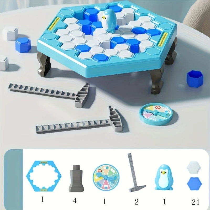 A blue and white ice tapping game featuring a penguin piece and various hexagonal and rectangular components.