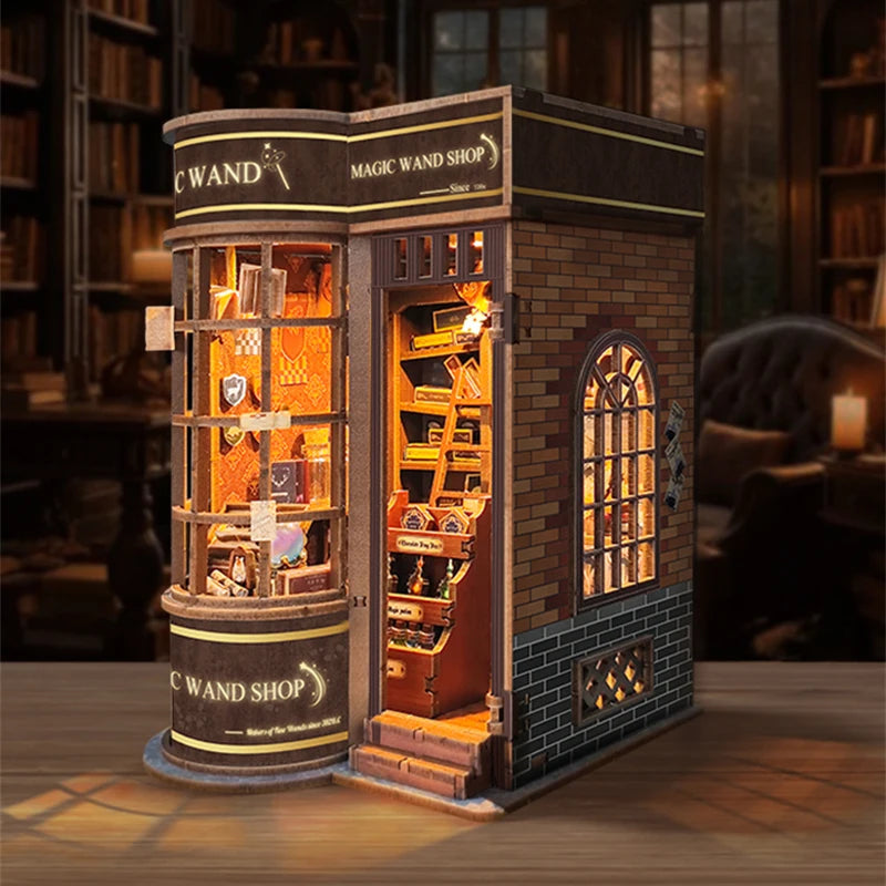 A detailed wooden miniature kit of a magic wand shop display featuring glass cabinets and antique-style decor.